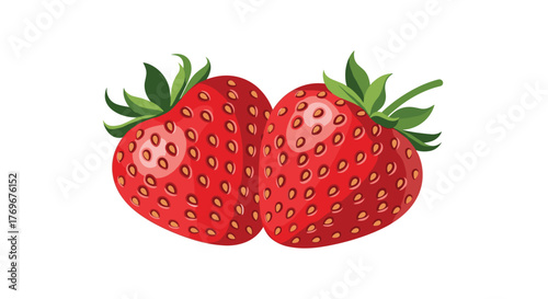 Two ripe, red strawberries with green leaves and visible seeds on a white background.