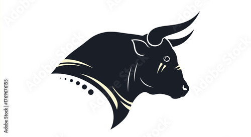 Stylized black bull head with horns and decorative markings on a white background.