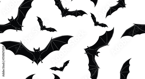 A repeating pattern of flying bats against a white background, perfect for Halloween themes or spooky designs.
