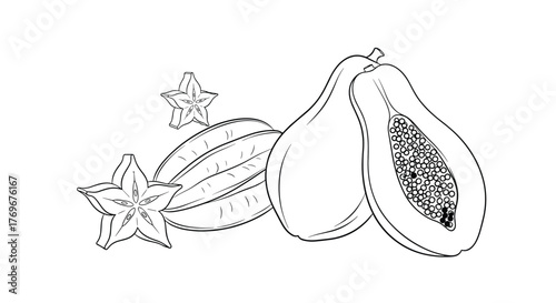A black and white drawing of papaya and star fruit, showcasing their distinct shapes and textures, inviting coloring and creativity.