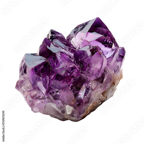 Stunning raw amethyst crystal cluster on white background