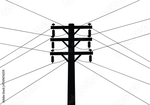 Utility pole silhouette with crossarms, insulators, power lines, electricity distribution system, urban energy grid, voltage infrastructure, industrial network, educational diagram background