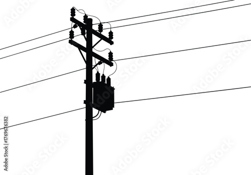 Utility pole silhouette with electrical transformers, power lines, energy distribution infrastructure, urban electricity grid, industrial network, black outline, dramatic sky background