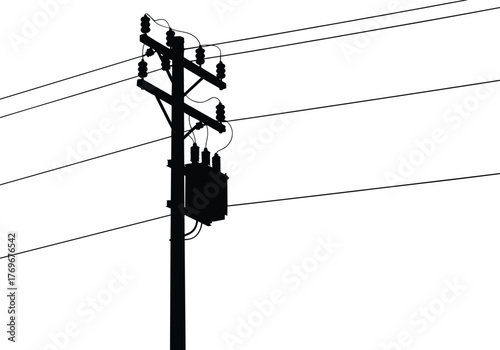 Utility pole silhouette with three transformers, insulators, power lines, electricity distribution system, urban energy grid, voltage infrastructure, industrial network, black outline background