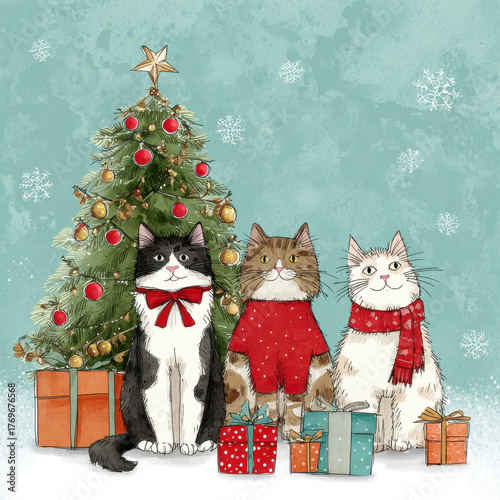 Cute Christmas Cats: Adorable Felines by a Decorated Tree in the Snow.