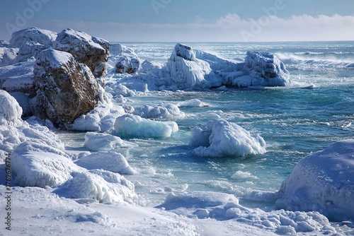 Frozen Coastline with Ice Formation at Lake Michigan in Winter