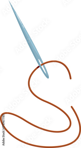 Sewing needle passing through brown thread creating an s shape, isolated on white background