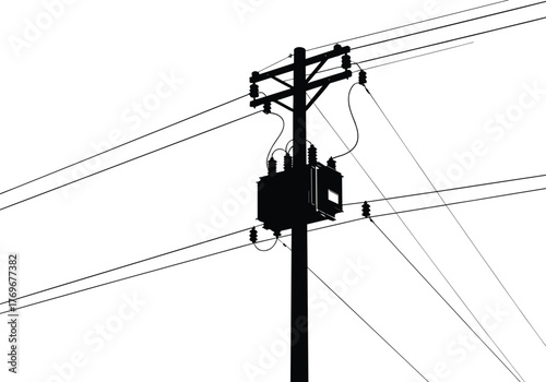 Utility pole silhouette with transformer, insulators, power lines, electricity distribution system, urban energy grid, voltage infrastructure, industrial network, black outline background