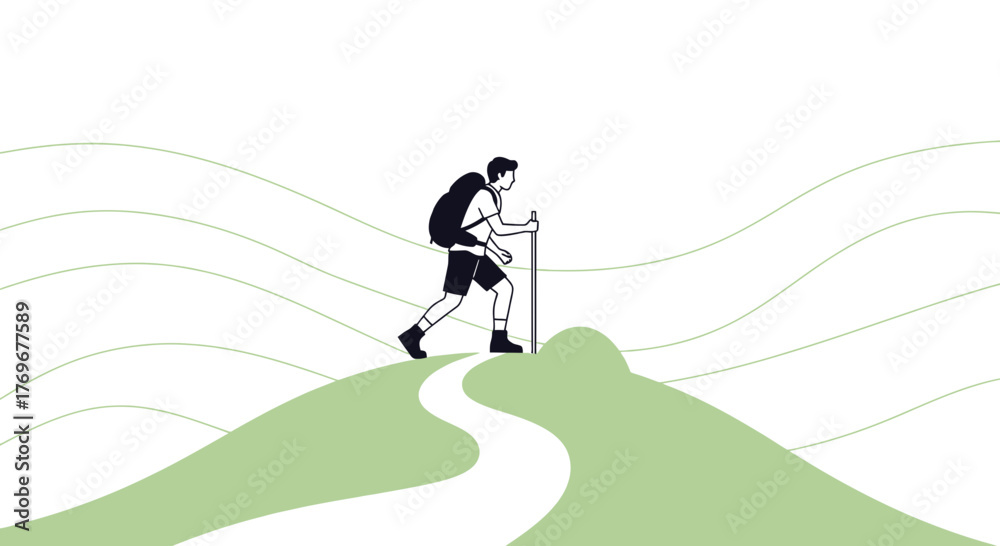 Fototapeta premium Minimalist Illustration Of A Hiker Embarking On A Journey In Nature's Embrace