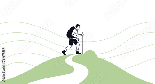 Minimalist Illustration Of A Hiker Embarking On A Journey In Nature's Embrace