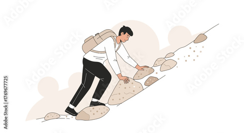Man Climbing Up A Rocky Hill, Concept Of Perseverance, Strength, and Achieving Goals