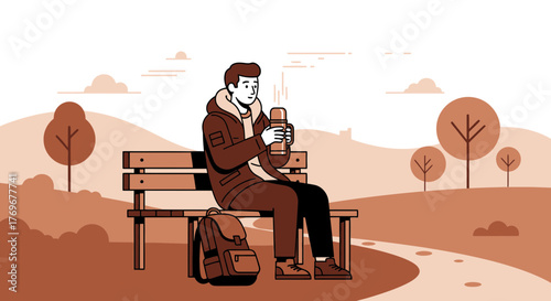 Man Enjoying Hot Beverage While Resting On Park Bench During A Relaxing Day