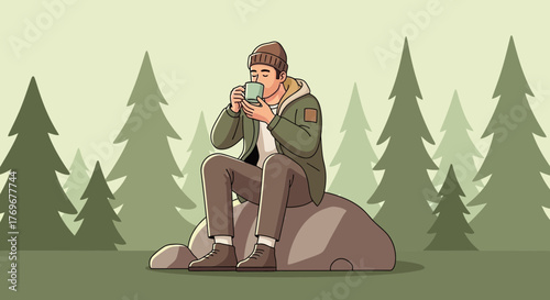 Man Enjoying Morning Coffee While Surrounded By Forest Trees Enjoying The Views And Fresh Air