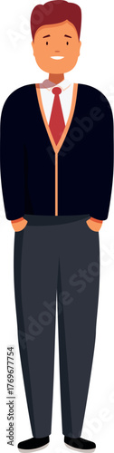 Confident student wearing school uniform, hands in pockets, smiling, full length portrait