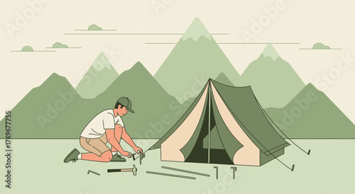 Man Erecting A Tent On A Mountain, Under The Cloudy Sky, For Camping
