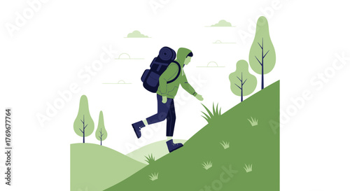 Minimalist Outdoor Adventure: Person Hiking Up Hillside, Carrying Backpack in Nature