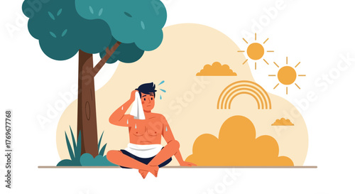 Man Experiencing Heat Underneath Tree With Sun And Clouds in Summer Weather