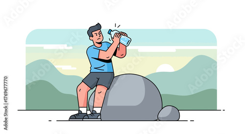 Man Frustrated Trying To Open Water Bottle During An Outdoor Rest Period Illustration