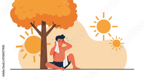 Man Seeking Shade Beneath a Tree On a Hot Day in Flat Vector Illustration