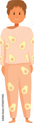 Cartoon illustration of a young man wearing pajamas with avocado pattern, standing barefoot and smiling