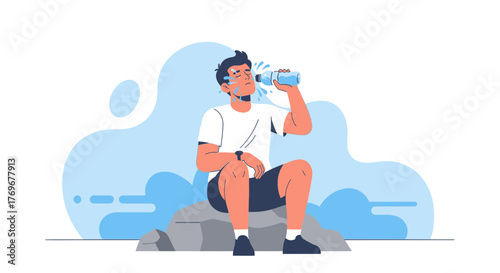 Man Taking Refreshing Drink After Physical Activity And Overcoming Exhaustion