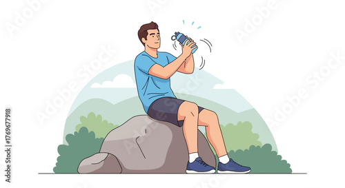 Man Taking A Break Drinking Water After Exercising Outdoors Resting On A Rock