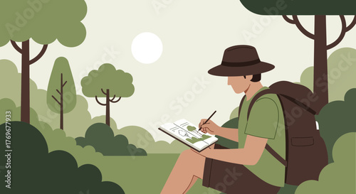 Naturalist Journaling Forest Illustration Capturing Sunlight Amidst Verdant Foliage Details