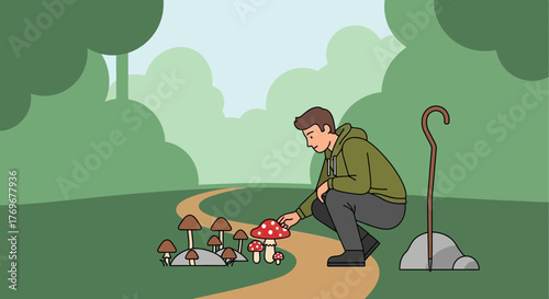 Mushroom Hunter Admiring A Collection Of Bright Funghi Beside A Forest Trail