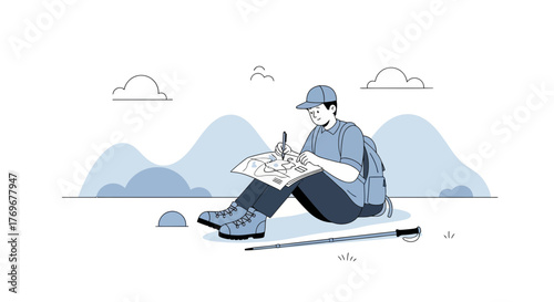 Mapping Adventure: A Hiker Plans His Route Highlighting Topography and Landscape