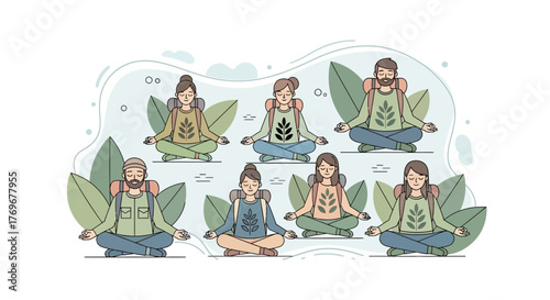 Meditating Adventurers: Peaceful People Finding Serenity During Their Journey Outdoors