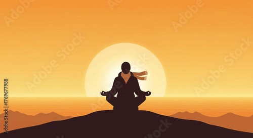 Meditating Silhouette Embraces Tranquility During a Sunset of Golden Hues