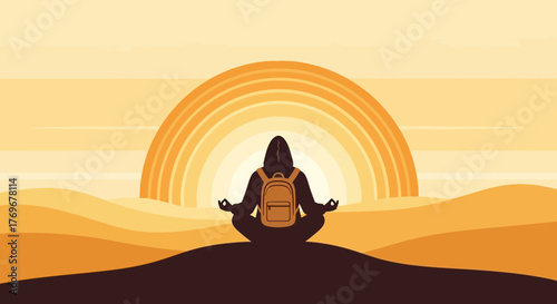 Meditative Traveler Achieves Inner Peace Observing The Sunset's Brilliant Panorama