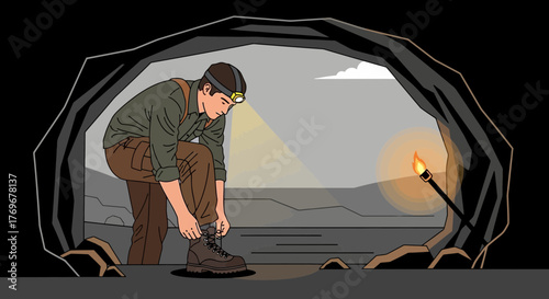 Miner Prepares for Exploration Within the Dark, Illuminated By Headlamp and Torch Light