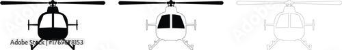 A minimalist silhouette of a helicopter, rendered in black and white, is presented against a clean white background, emphasizing its iconic form and design elements.