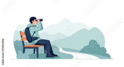 Observing Nature: A Hiker Sits and Scans the Landscape with Binoculars