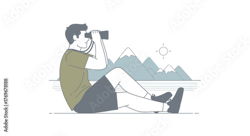 Observing Nature: A Hiker Appreciating the Vistas of the Mountains with Binoculars