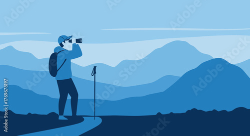 Observing Nature: A Hiker Gazes Through Binoculars At Mountainous Landscape