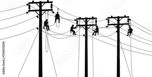 Utility workers on poles silhouette, power lines, transformers, insulators, electricity distribution system, urban energy grid, voltage infrastructure, industrial network, black outline background