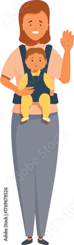 Happy mother holding her baby in a carrier, waving and smiling