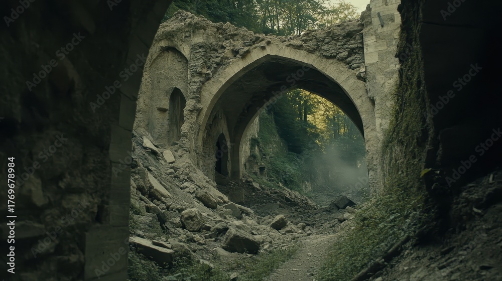 Fototapeta premium Collapsed stone archway with rubble and path through the ruins