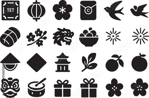 Illustration of various traditional vietnamese tet holiday symbols, including lantern, dragon, blossom, envelope, swallow, rice cake, firework, hat, pagoda, and lion dance, isolated on white backgroun