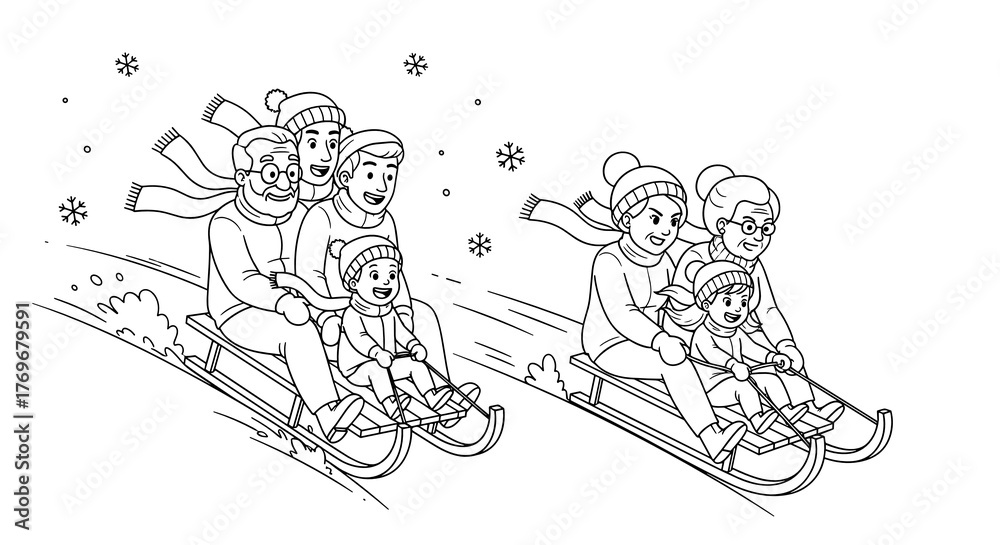 Fototapeta premium Multi-generation family sledding down a hill on bright winter day 