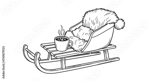 Cozy sled with hot cocoa and fur blanket for winter sledding  
