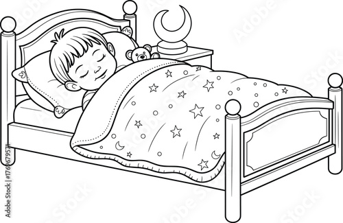 Cute little boy sleeping peacefully in bed coloring page, bedtime routine illustration for kids, night sleep relaxation drawing