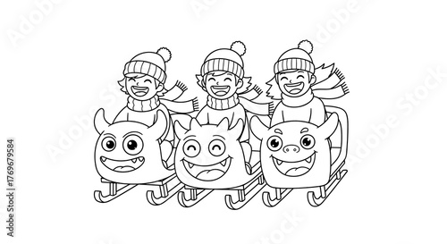 Kids smiling while sledding on character sleds in winter scene  
