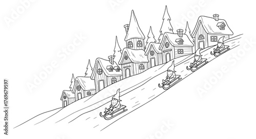 Gnome village with sledding hills and children playing in winter  
