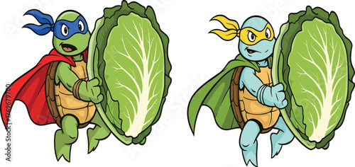 Cute superhero turtles holding giant lettuce leaves, funny cartoon characters with capes and masks for healthy food and kids design
