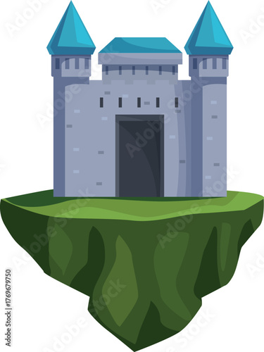 Stone castle with blue roof and towers floating on a green island, fantasy illustration