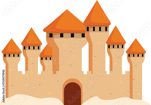 Cartoon sand castle with orange roof and brown walls, isolated on white background