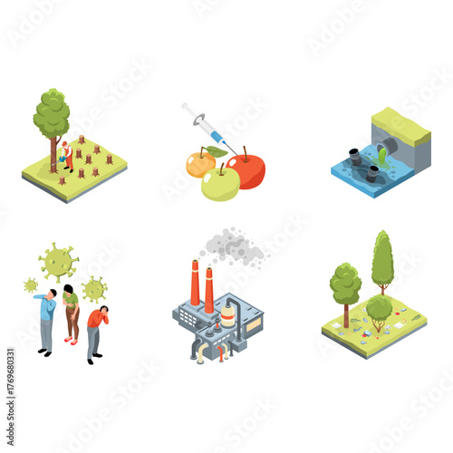 Environmental Issues Pollution, Deforestation, and Health Hazards in Isometric Style